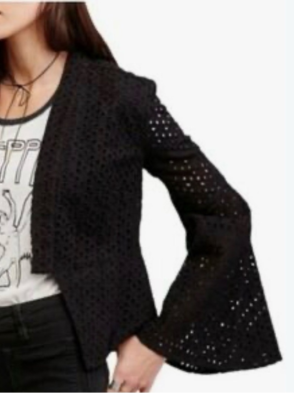 Free people-Women's Black Eyelet Open-Front Jacket
